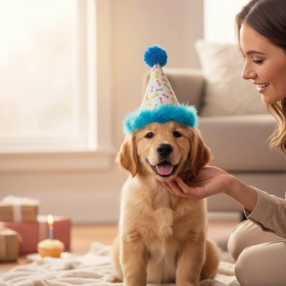 Dog Birthday Hat with Pom Pom in Blue Confetti